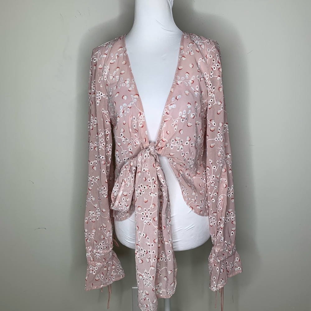 M2 New‎ Boskemper Pink Sexy Plunging Blouse Long Sleeve Ruffle Romantic XS